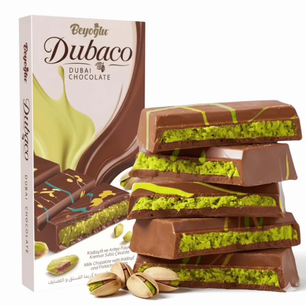 dubaco-crispy-kadayif-dubai-milk-chocolate-200g-grandturkishbazaar-1 Dubaco Dubai Chocolate Bar with Pistachio Cream & Kadayif Filling, 200g (7.05oz)
