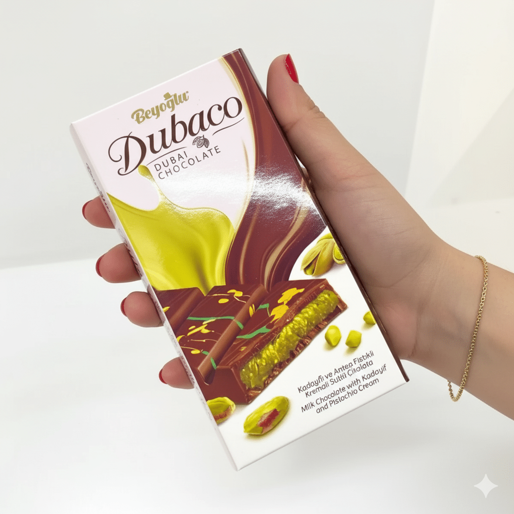 dubaco-crispy-kadayif-dubai-milk-chocolate-200g-grandturkishbazaar-7 Dubaco Dubai Chocolate Bar with Pistachio Cream & Kadayif Filling, 200g (7.05oz)