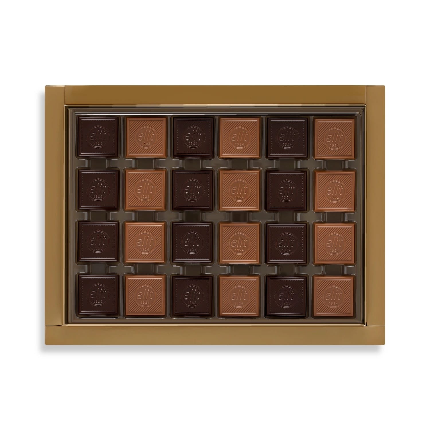 Turkish madlen chocolates from above: rows of square milk and dark chocolates in the gold box
