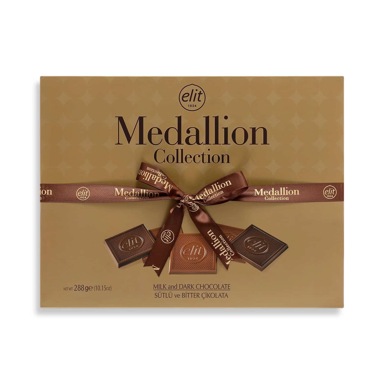 Turkish madlen chocolate gift box: gold box with a brown ribbon, front view
