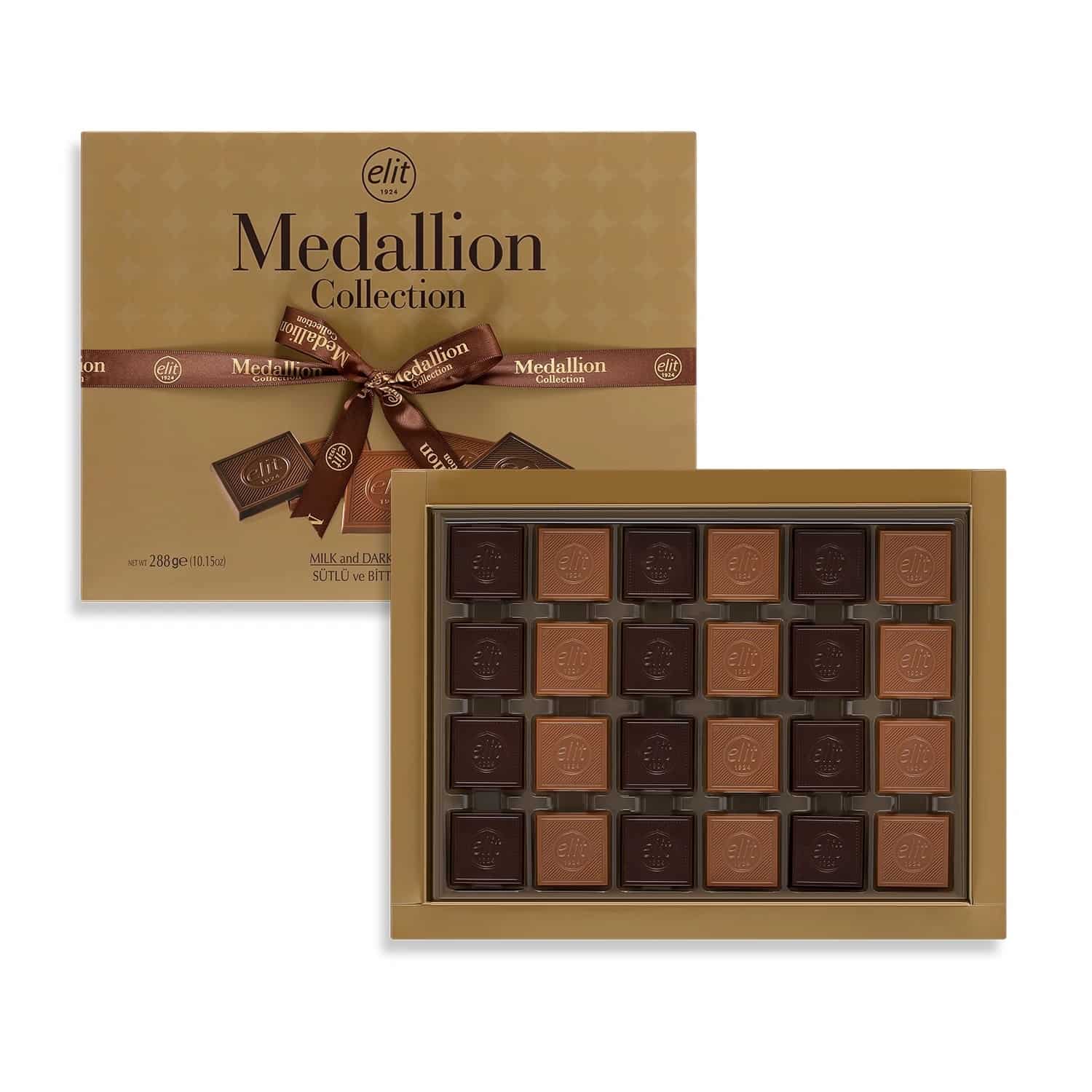 Turkish madlen chocolates from above: rows of square milk and dark chocolates in the gold box